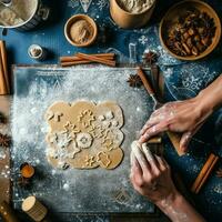 Flat lay of cooking homemade christmas baking ingredients or gingerbread cookies placed on table concept by AI Generated photo