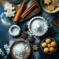 Flat lay of cooking homemade christmas baking ingredients or gingerbread cookies placed on table concept by AI Generated photo