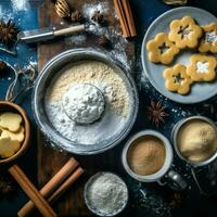 Flat lay of cooking homemade christmas baking ingredients or gingerbread cookies placed on table concept by AI Generated photo