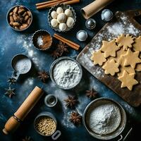 Flat lay of cooking homemade christmas baking ingredients or gingerbread cookies placed on table concept by AI Generated photo