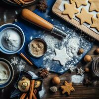 Flat lay of cooking homemade christmas baking ingredients or gingerbread cookies placed on table concept by AI Generated photo