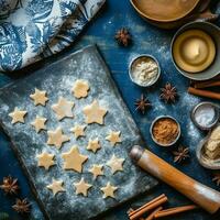 Flat lay of cooking homemade christmas baking ingredients or gingerbread cookies placed on table concept by AI Generated photo