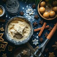 Flat lay of cooking homemade christmas baking ingredients or gingerbread cookies placed on table concept by AI Generated photo