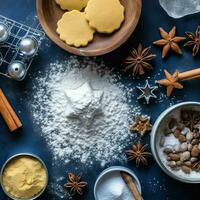 Flat lay of cooking homemade christmas baking ingredients or gingerbread cookies placed on table concept by AI Generated photo