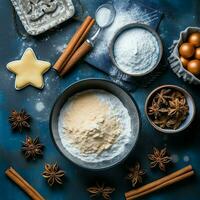 plano laico de Cocinando hecho en casa Navidad horneando ingredientes o pan de jengibre galletas metido en mesa concepto por ai generado foto