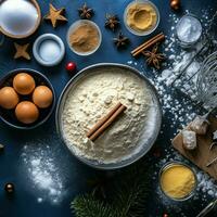 Flat lay of cooking homemade christmas baking ingredients or gingerbread cookies placed on table concept by AI Generated photo