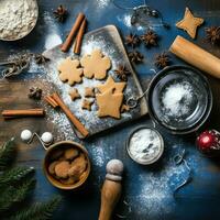 plano laico de Cocinando hecho en casa Navidad horneando ingredientes o pan de jengibre galletas metido en mesa concepto por ai generado foto