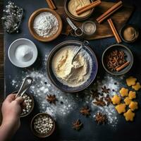 plano laico de Cocinando hecho en casa Navidad horneando ingredientes o pan de jengibre galletas metido en mesa concepto por ai generado foto