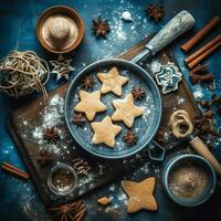 Flat lay of cooking homemade christmas baking ingredients or gingerbread cookies placed on table concept by AI Generated photo