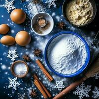 plano laico de Cocinando hecho en casa Navidad horneando ingredientes o pan de jengibre galletas metido en mesa concepto por ai generado foto