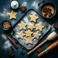 plano laico de Cocinando hecho en casa Navidad horneando ingredientes o pan de jengibre galletas metido en mesa concepto por ai generado foto