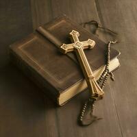 Close up of a holy bible and christian cross on wooden table. Happy good friday or religion concept by AI Generated photo