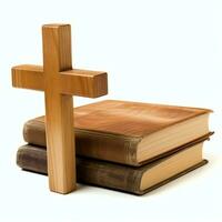 cerca arriba de un santo Biblia y cristiano cruzar en de madera mesa. contento bueno viernes o religión concepto por ai generado foto