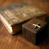 Close up of a holy bible and christian cross on wooden table. Happy good friday or religion concept by AI Generated photo