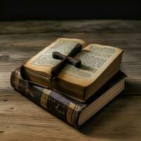 Close up of a holy bible and christian cross on wooden table. Happy good friday or religion concept by AI Generated photo