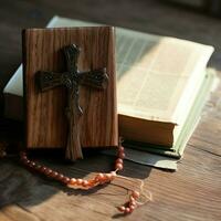 Close up of a holy bible and christian cross on wooden table. Happy good friday or religion concept by AI Generated photo