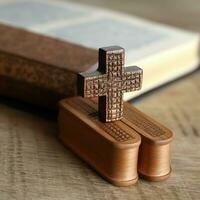 Close up of a holy bible and christian cross on wooden table. Happy good friday or religion concept by AI Generated photo