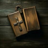 Close up of a holy bible and christian cross on wooden table. Happy good friday or religion concept by AI Generated photo