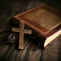 Close up of a holy bible and christian cross on wooden table. Happy good friday or religion concept by AI Generated photo