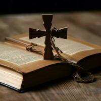 Close up of a holy bible and christian cross on wooden table. Happy good friday or religion concept by AI Generated photo