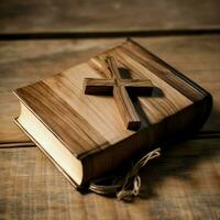 Close up of a holy bible and christian cross on wooden table. Happy good friday or religion concept by AI Generated photo