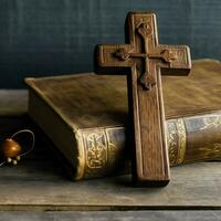 Close up of a holy bible and christian cross on wooden table. Happy good friday or religion concept by AI Generated photo