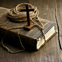 Close up of a holy bible and christian cross on wooden table. Happy good friday or religion concept by AI Generated photo