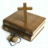 Close up of a holy bible and christian cross on wooden table. Happy good friday or religion concept by AI Generated photo