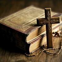 Close up of a holy bible and christian cross on wooden table. Happy good friday or religion concept by AI Generated photo