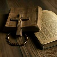 Close up of a holy bible and christian cross on wooden table. Happy good friday or religion concept by AI Generated photo