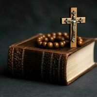 Close up of a holy bible and christian cross on wooden table. Happy good friday or religion concept by AI Generated photo