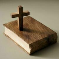 Close up of a holy bible and christian cross on wooden table. Happy good friday or religion concept by AI Generated photo