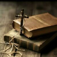 Close up of a holy bible and christian cross on wooden table. Happy good friday or religion concept by AI Generated photo