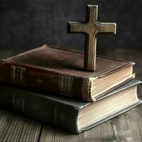 cerca arriba de un santo Biblia y cristiano cruzar en de madera mesa. contento bueno viernes o religión concepto por ai generado foto