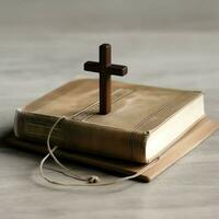 cerca arriba de un santo Biblia y cristiano cruzar en de madera mesa. contento bueno viernes o religión concepto por ai generado foto
