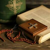 Close up of a holy bible and christian cross on wooden table. Happy good friday or religion concept by AI Generated photo