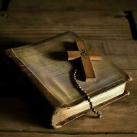 Close up of a holy bible and christian cross on wooden table. Happy good friday or religion concept by AI Generated photo