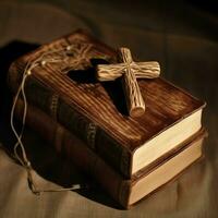 Close up of a holy bible and christian cross on wooden table. Happy good friday or religion concept by AI Generated photo