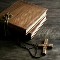 Close up of a holy bible and christian cross on wooden table. Happy good friday or religion concept by AI Generated photo