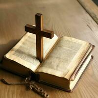 Close up of a holy bible and christian cross on wooden table. Happy good friday or religion concept by AI Generated photo