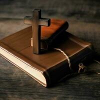 Close up of a holy bible and christian cross on wooden table. Happy good friday or religion concept by AI Generated photo