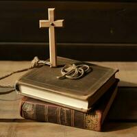 Close up of a holy bible and christian cross on wooden table. Happy good friday or religion concept by AI Generated photo