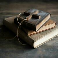 Close up of a holy bible and christian cross on wooden table. Happy good friday or religion concept by AI Generated photo