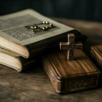 cerca arriba de un santo Biblia y cristiano cruzar en de madera mesa. contento bueno viernes o religión concepto por ai generado foto