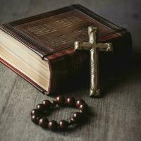 Close up of a holy bible and christian cross on wooden table. Happy good friday or religion concept by AI Generated photo