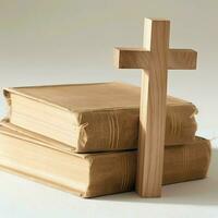 Close up of a holy bible and christian cross on wooden table. Happy good friday or religion concept by AI Generated photo