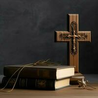 Close up of a holy bible and christian cross on wooden table. Happy good friday or religion concept by AI Generated photo