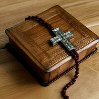 Close up of a holy bible and christian cross on wooden table. Happy good friday or religion concept by AI Generated photo