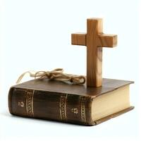 Close up of a holy bible and christian cross on wooden table. Happy good friday or religion concept by AI Generated photo