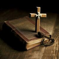 Close up of a holy bible and christian cross on wooden table. Happy good friday or religion concept by AI Generated photo